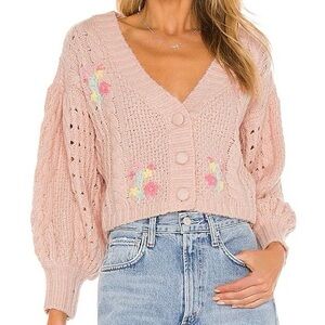 For Love & Lemons Pink Cropped Floral Knit Cardigan Amaryllis